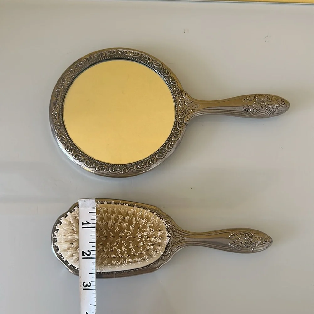 Vanity Hand Held Mirror and Brush Set Ornate Victorian Silverplate